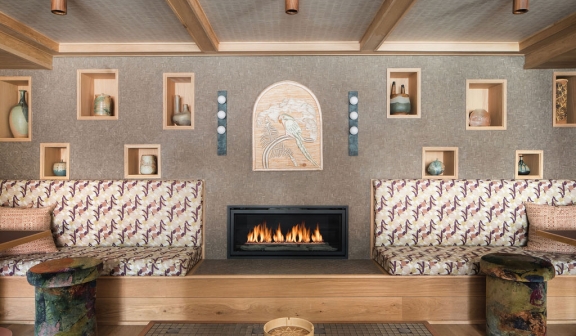 A roaring fire on the upper level at Ryder Hotel