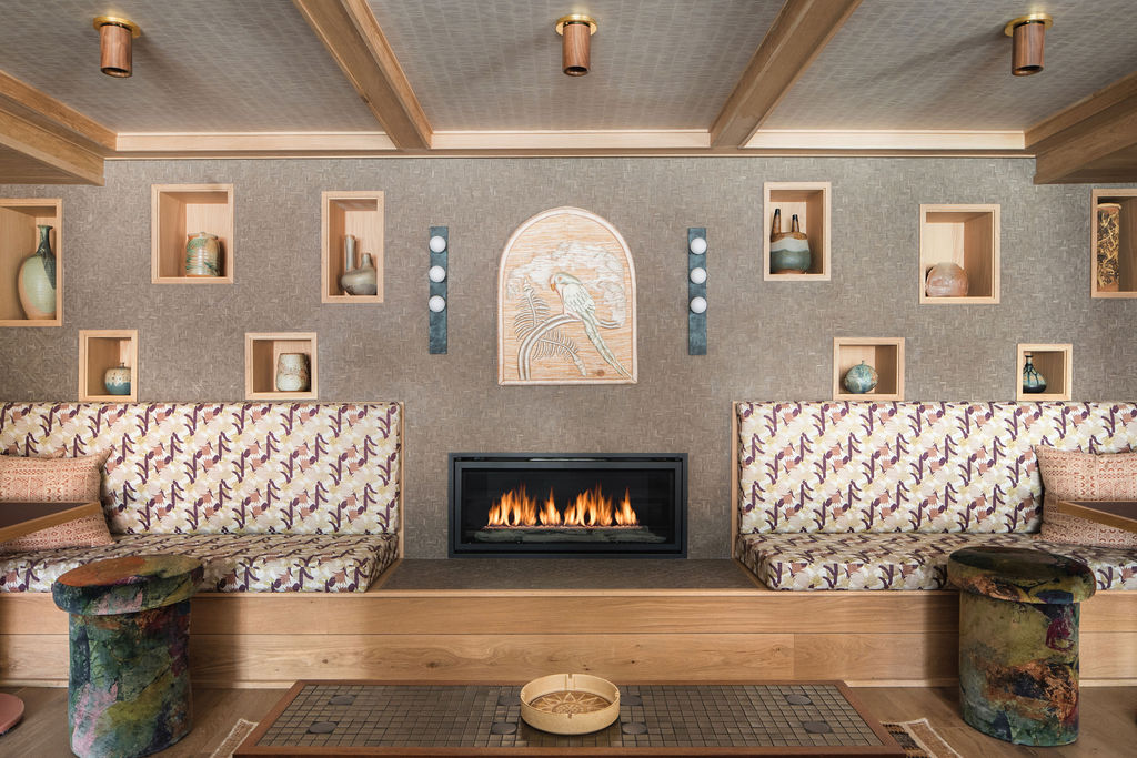 A roaring fire on the upper level at Ryder Hotel