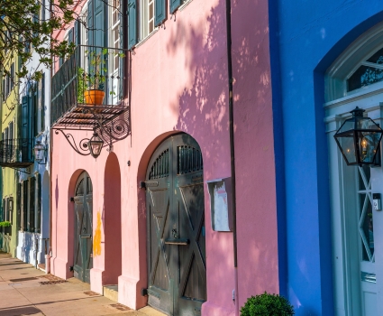 Rainbow Row colorful and well-preserved historic Georgian row houses in Charleston, South Carolina, USA