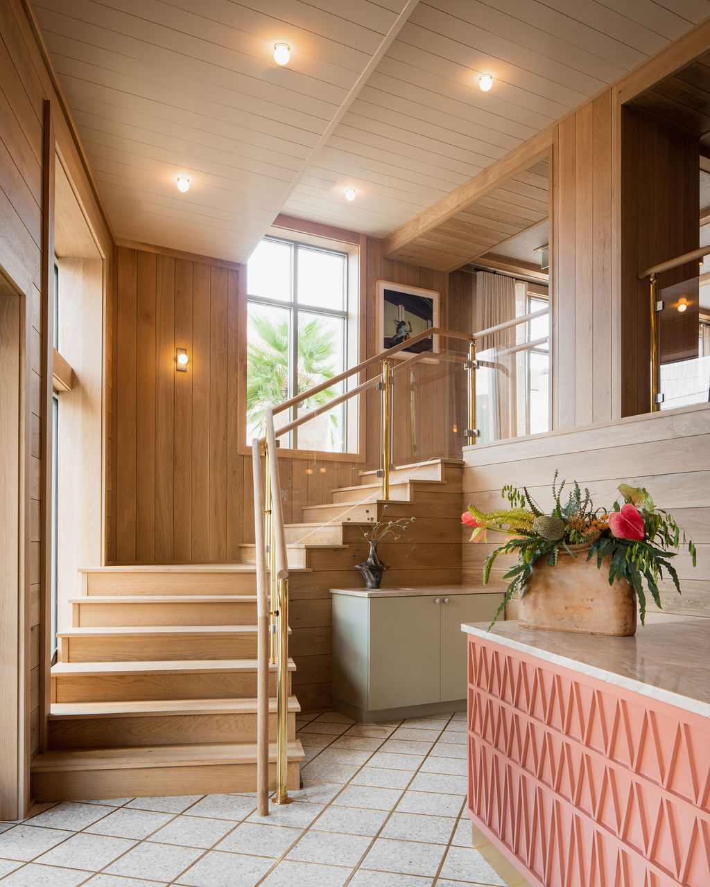 Staircase in the lounge area at the Ryder Hotel