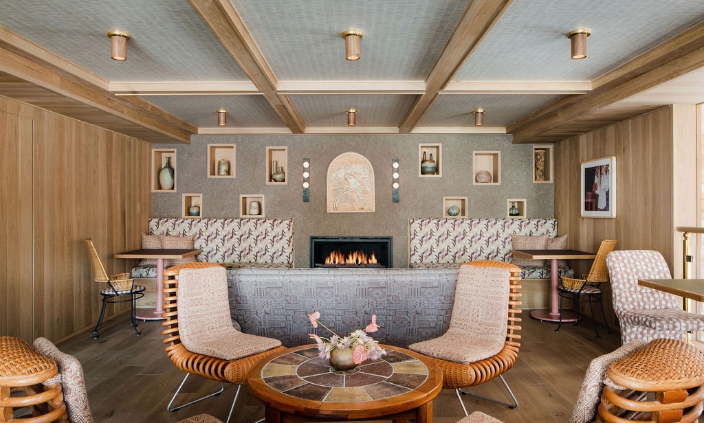 Fireplace and sofa chairs at the Ryder Hotel lounge area