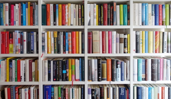 a shelf of colorful books