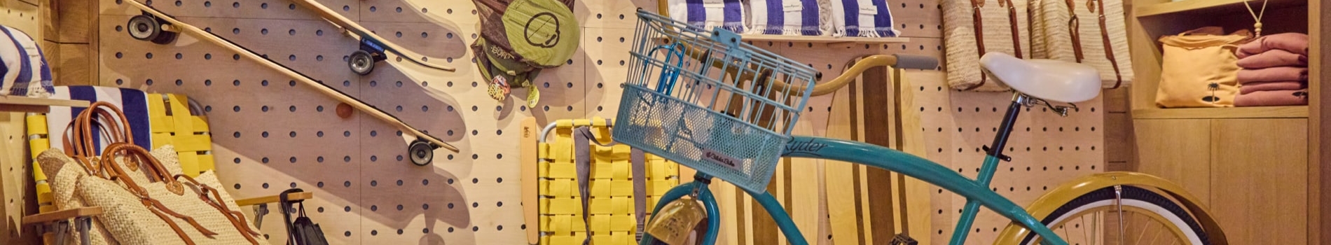 bike, skateboards, and other items for outdoor adventures