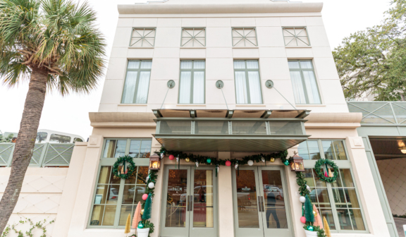 christmas decorated front of hotel building